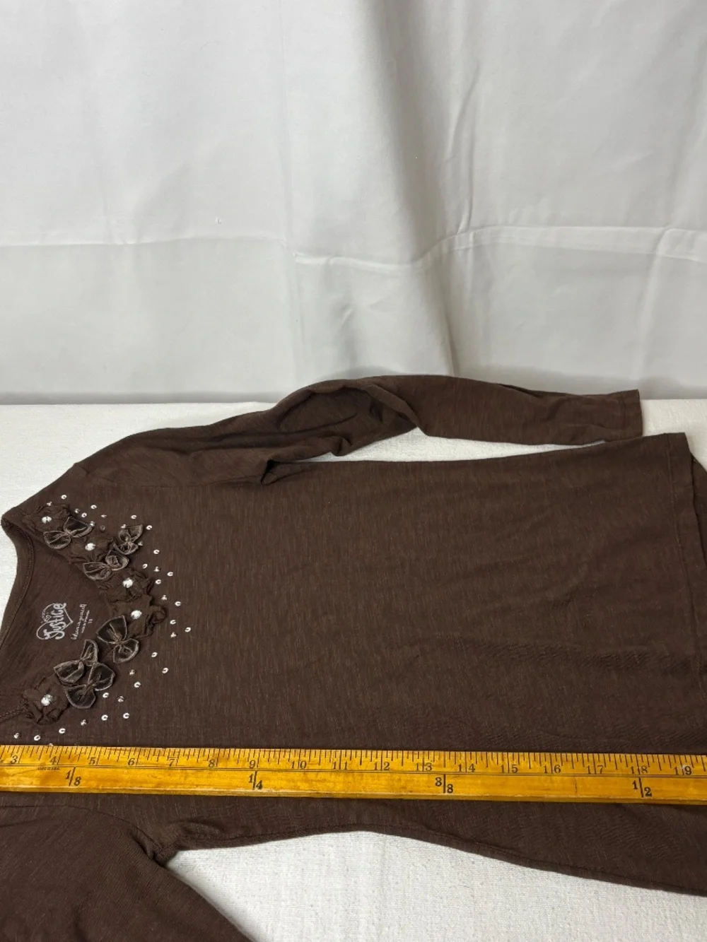 Vintage Justice Brown W/Bows/Flowers/Sequin Long Sleeve Shirt Size 10 Girl's EUC